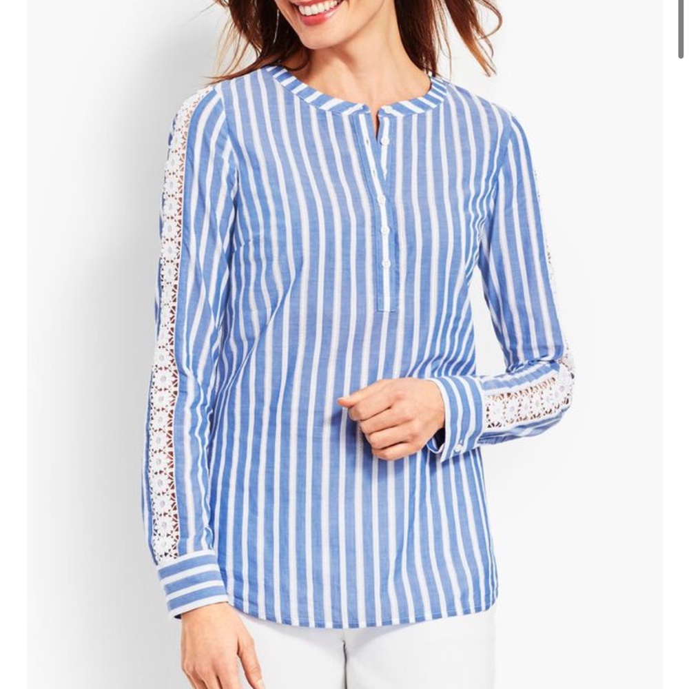 Talbots Cotton Lace Sleeve Seersucker Striped Popover Top Blouse, Small